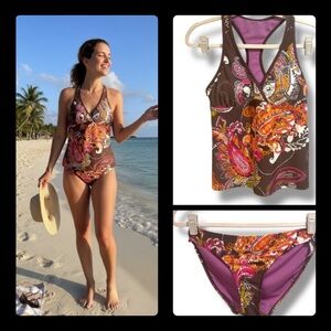 Althleta Brown Orange Magenta Paisley Print Tankini Swimsuit Set M/ L